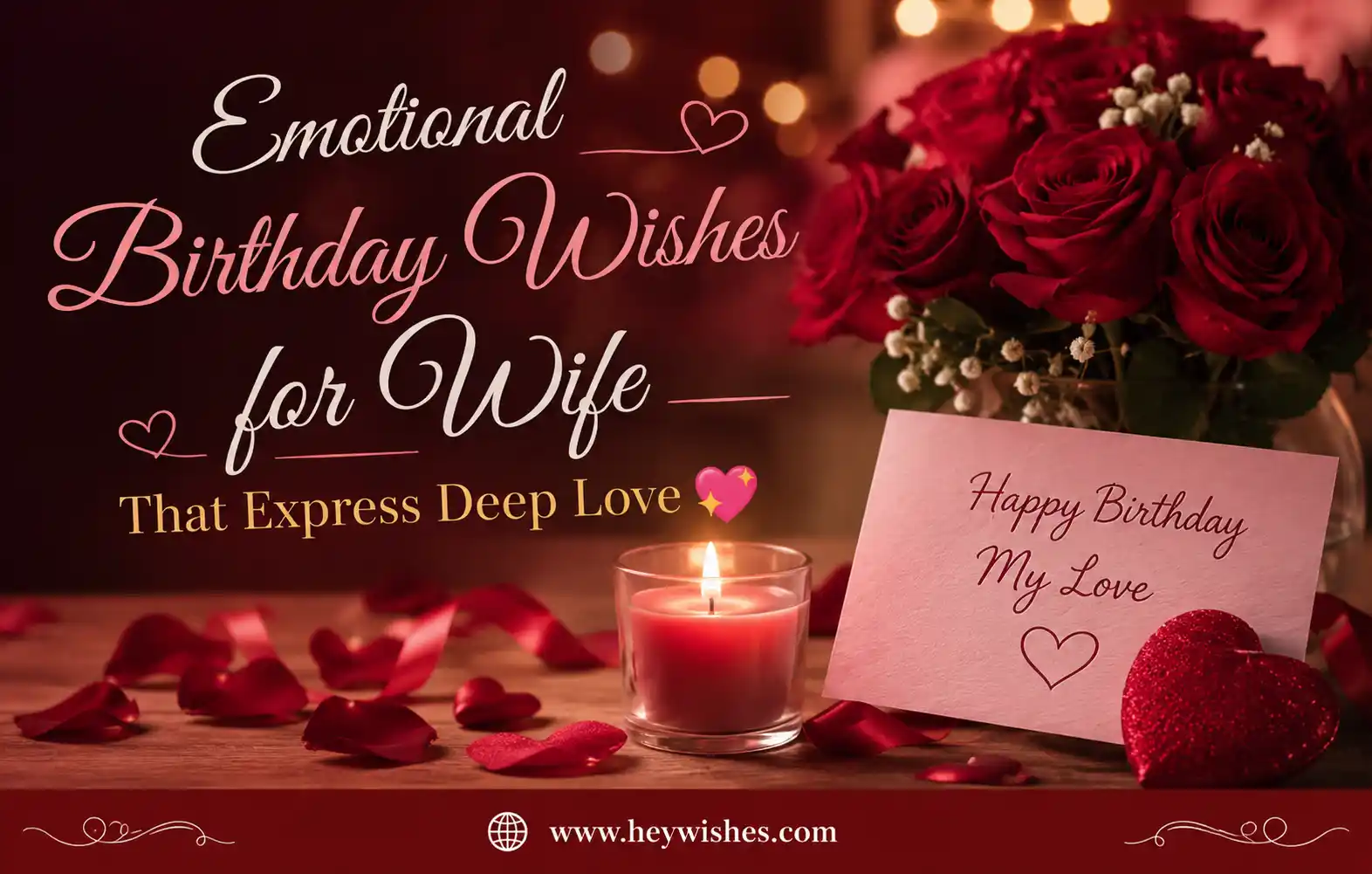 Romantic birthday wishes for wife with roses, candlelight, heart decor, and elegant typography expressing deep love and affection.