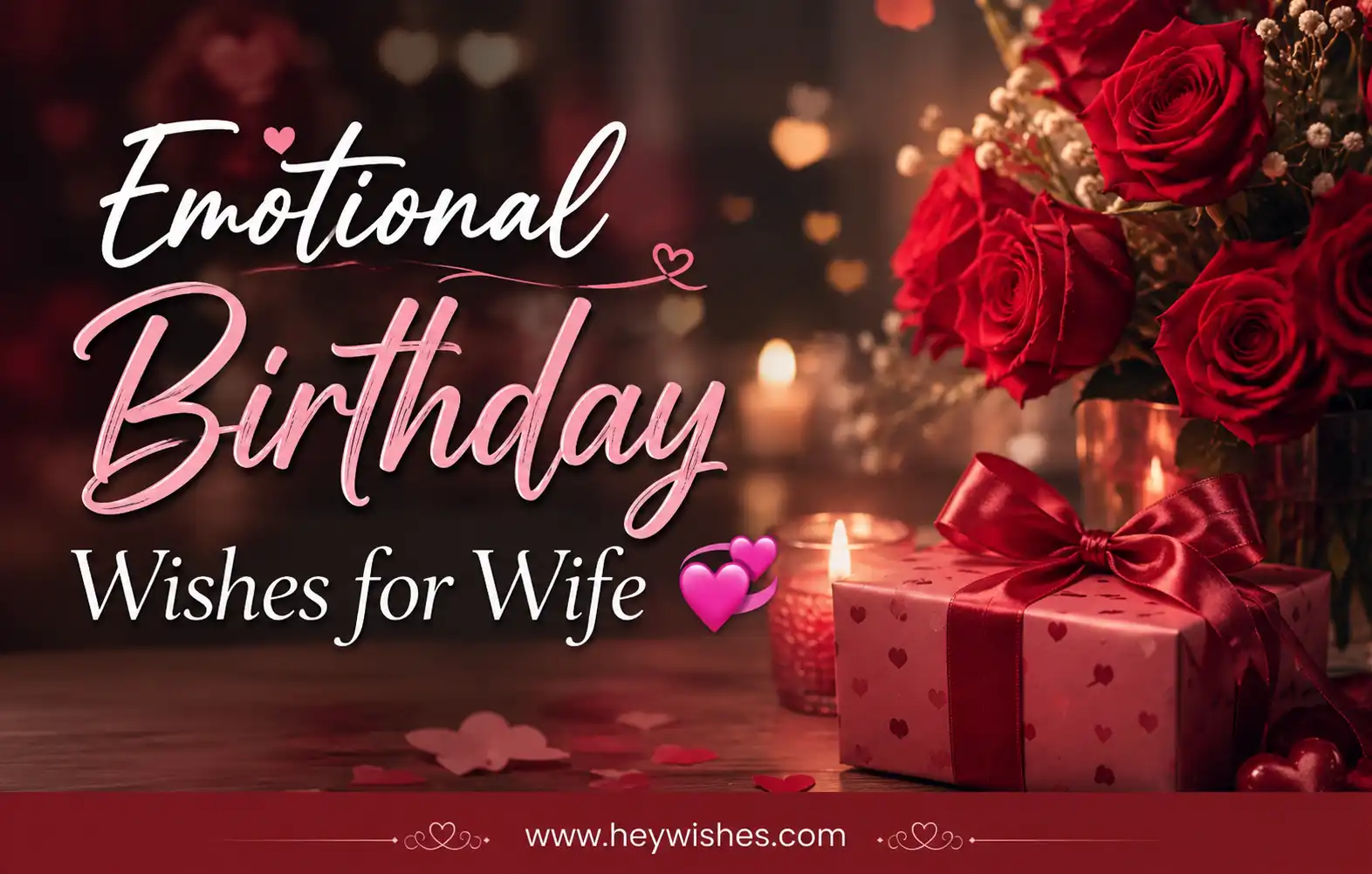 Romantic birthday greeting image with roses, gift box, candles, heart bokeh, and stylish “Emotional Birthday Wishes for Wife 💞” text.