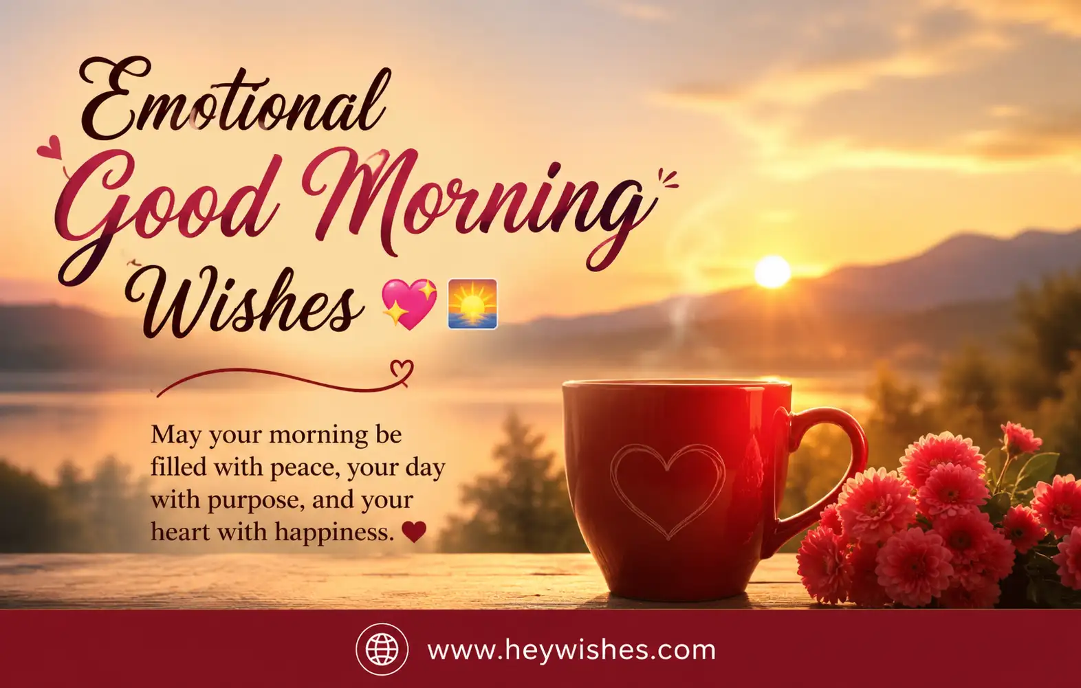 Romantic sunrise scene with emotional good morning wishes, heart mug, flowers, and peaceful morning vibes with warm golden light.
