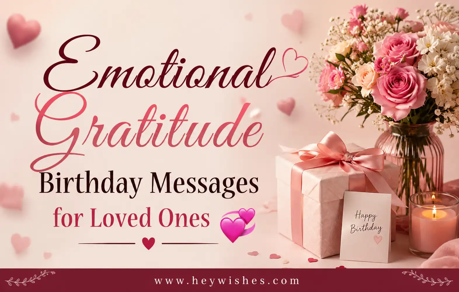 Emotional Gratitude Birthday Messages for Loved Ones with pink roses, gift box, hearts, candle, and elegant birthday design.