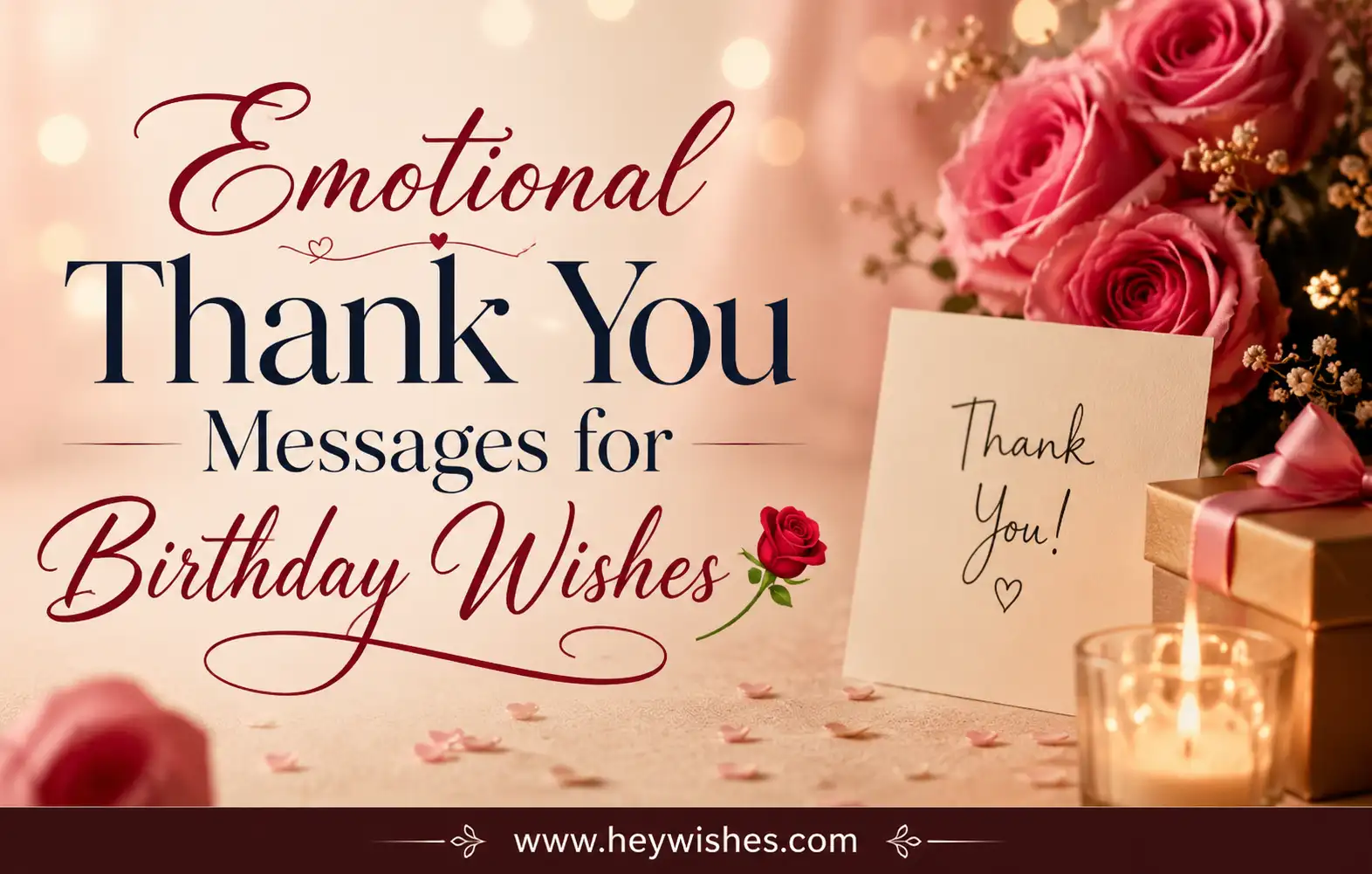 Elegant thank-you banner with roses, gift box, candlelight, and stylish text “Emotional Thank You Messages for Birthday Wishes” plus HeyWishes footer.