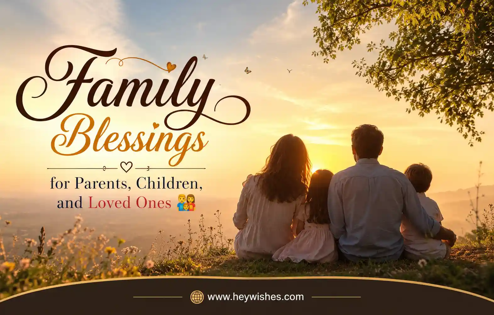 Happy family watching a sunset in nature with elegant “Family Blessings” text and warm, loving atmosphere.