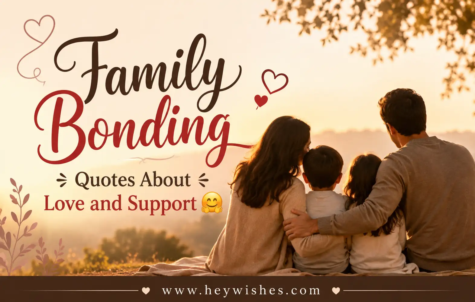 Happy family sitting together at sunset, showcasing love, support, and togetherness with stylish “Family Bonding Quotes About Love and Support” text.