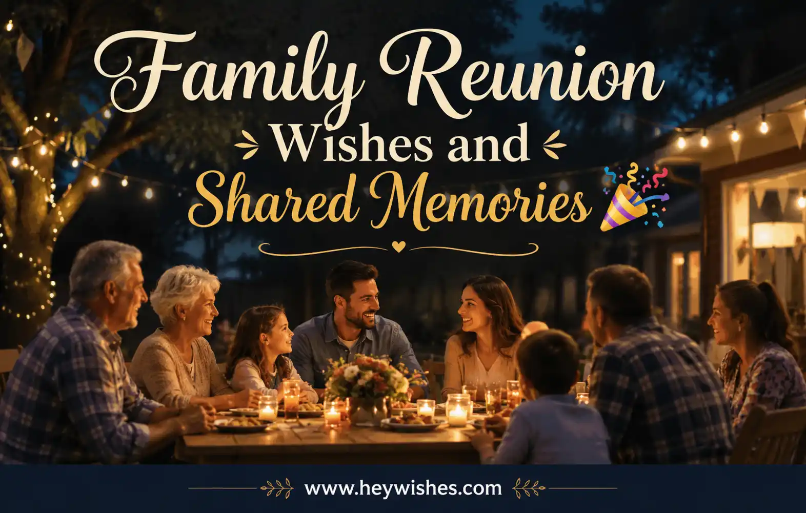Family gathered around a festive dinner table under string lights, celebrating a joyful reunion with warm memories and cheerful ambiance.