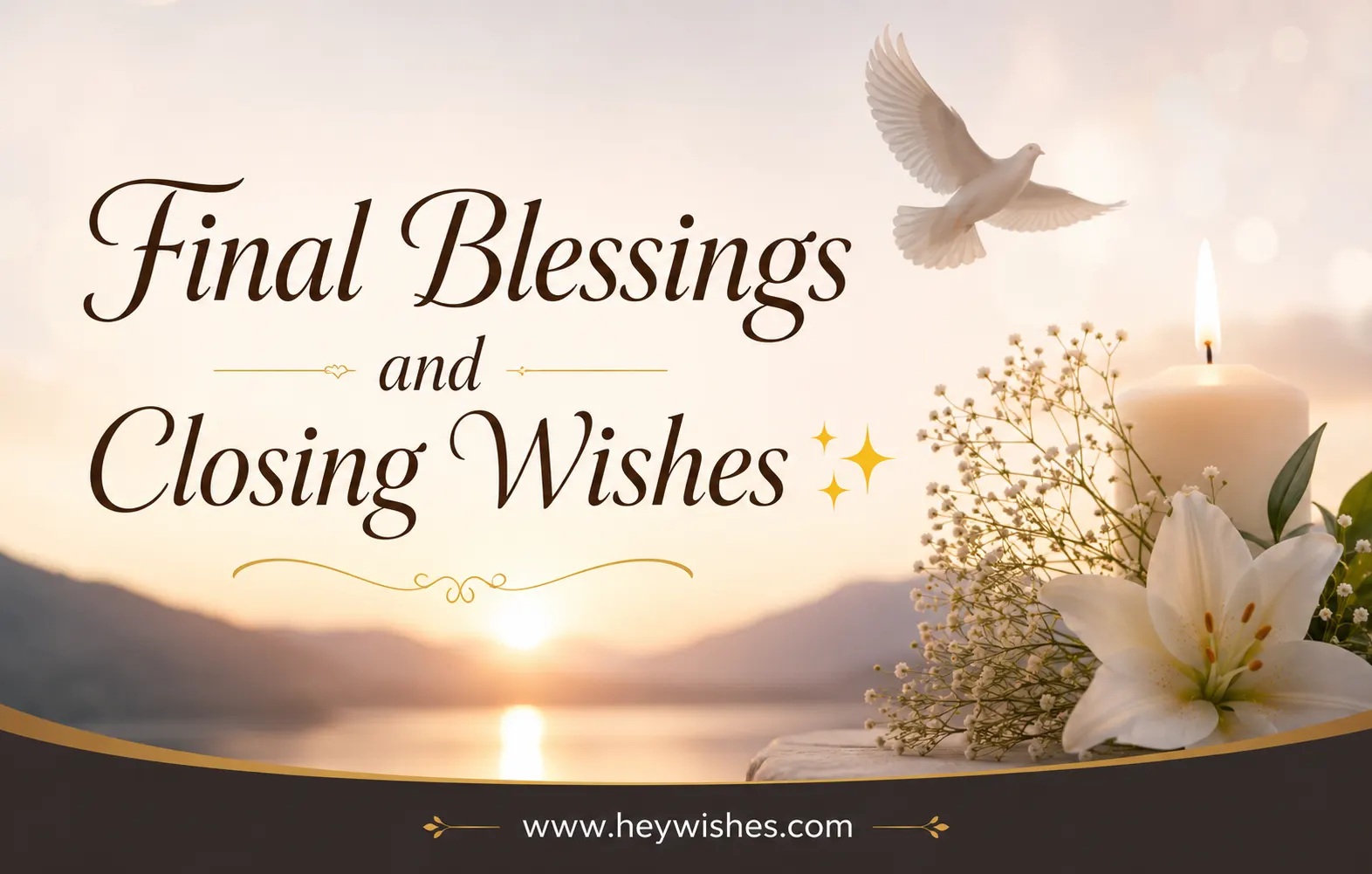 Elegant sunset-themed greeting image with “Final Blessings and Closing Wishes ✨” text, candle, dove, flowers, and heywishes.com footer.