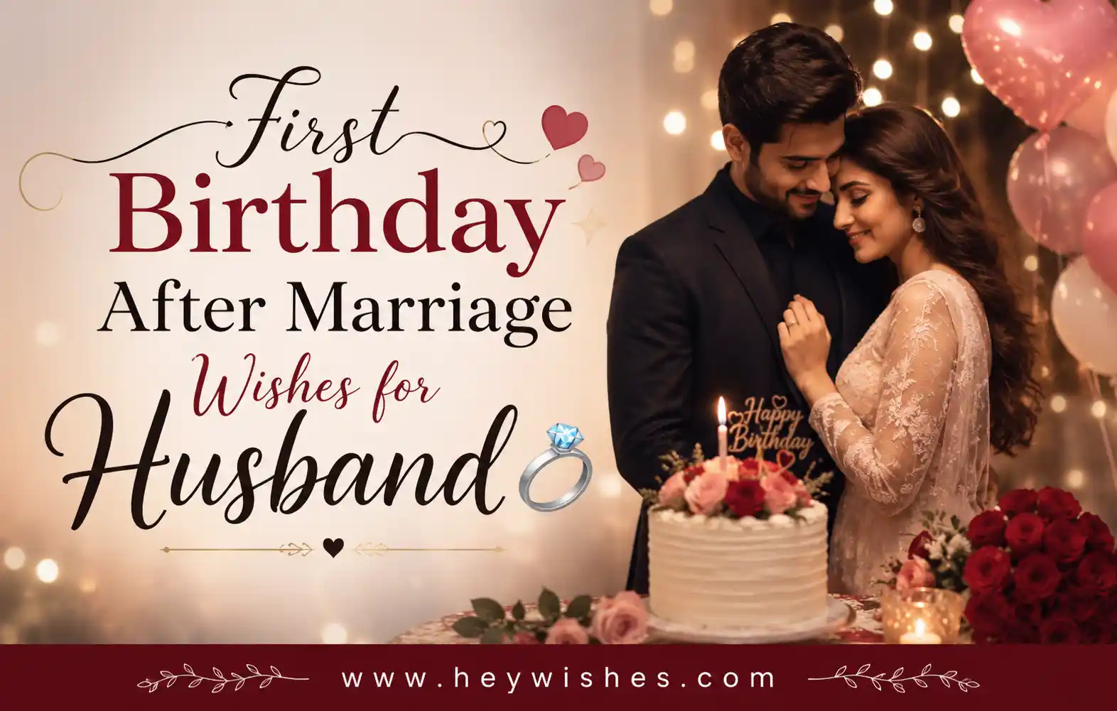 Romantic birthday banner for husband after marriage with elegant couple, cake, balloons, roses, and stylish typography on warm glowing background.