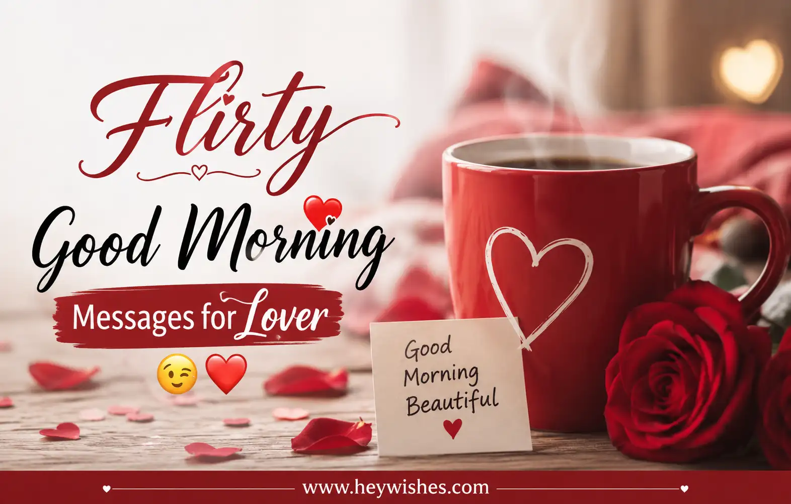 Romantic good morning graphic with red coffee mug, roses, and stylish text for flirty lover messages.