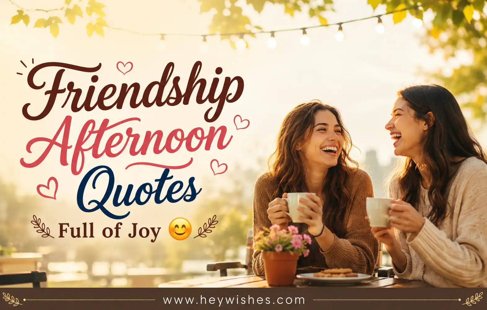 Friends enjoying a cheerful afternoon with coffee, joyful smiles, and stylish text reading “Friendship Afternoon Quotes Full of Joy 😊” with website footer.