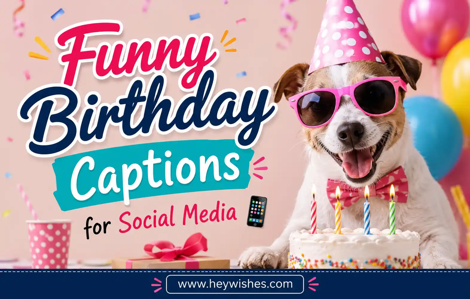 Funny birthday captions banner with stylish text, party graphics, balloons, cake, and playful social media theme.