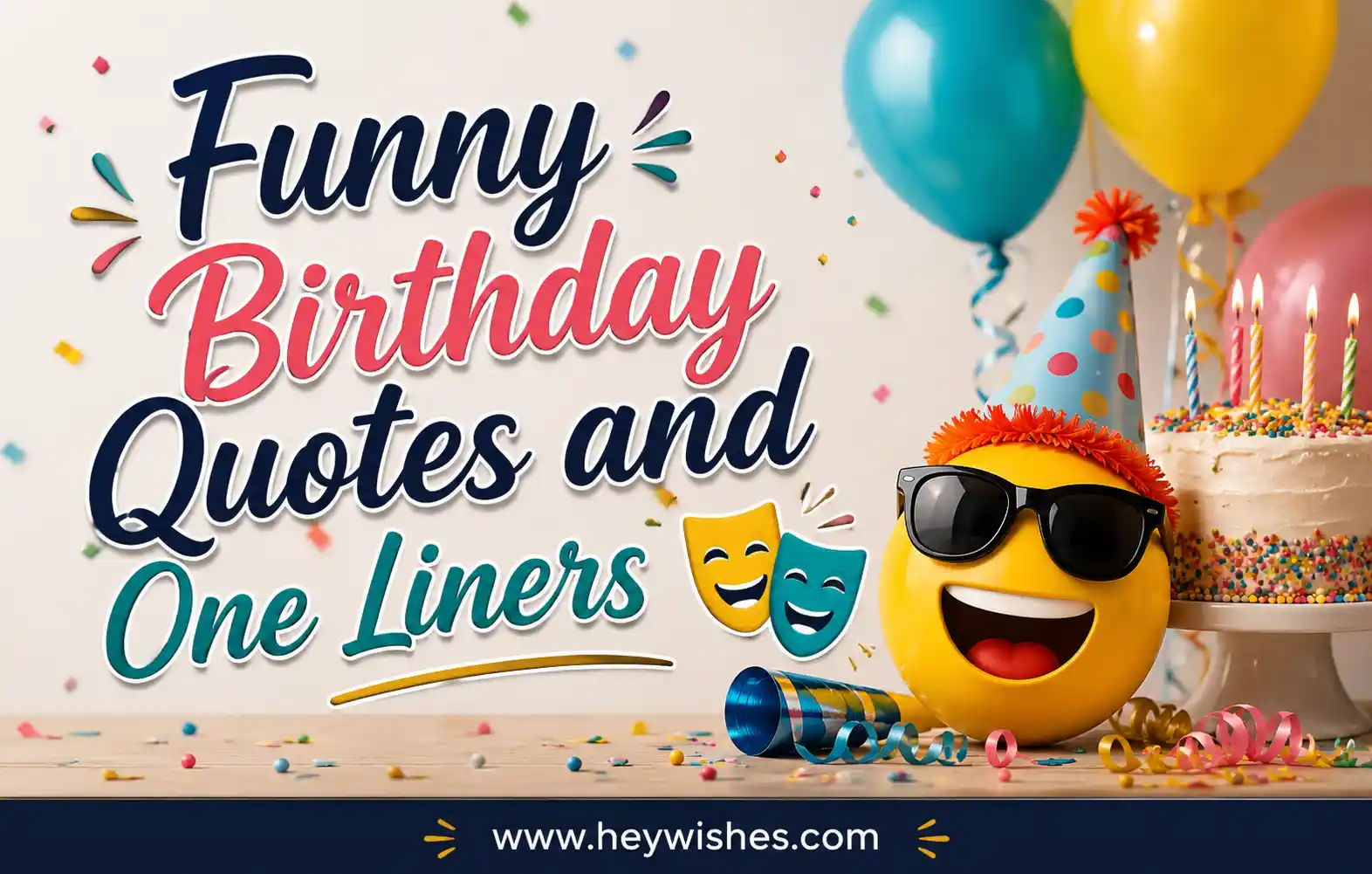 Funny birthday quotes banner with colorful balloons, cake, emoji, confetti, and stylish typography on a festive background.
