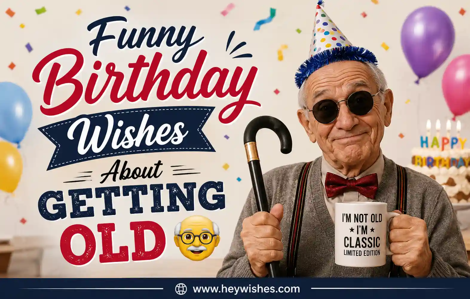 Funny birthday graphic with stylish text, cheerful elderly man, balloons, confetti, and heywishes.com foot