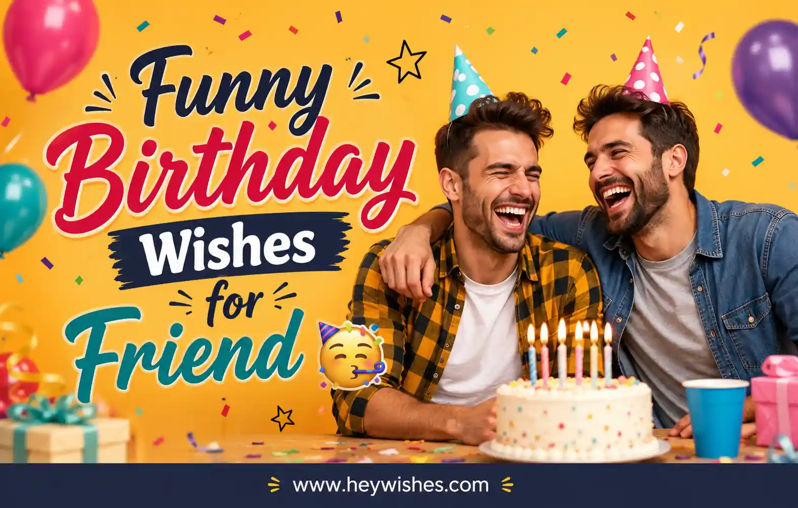 Funny birthday banner with two friends laughing, colorful balloons, confetti, cake, and stylish “Funny Birthday Wishes for Friend” text.