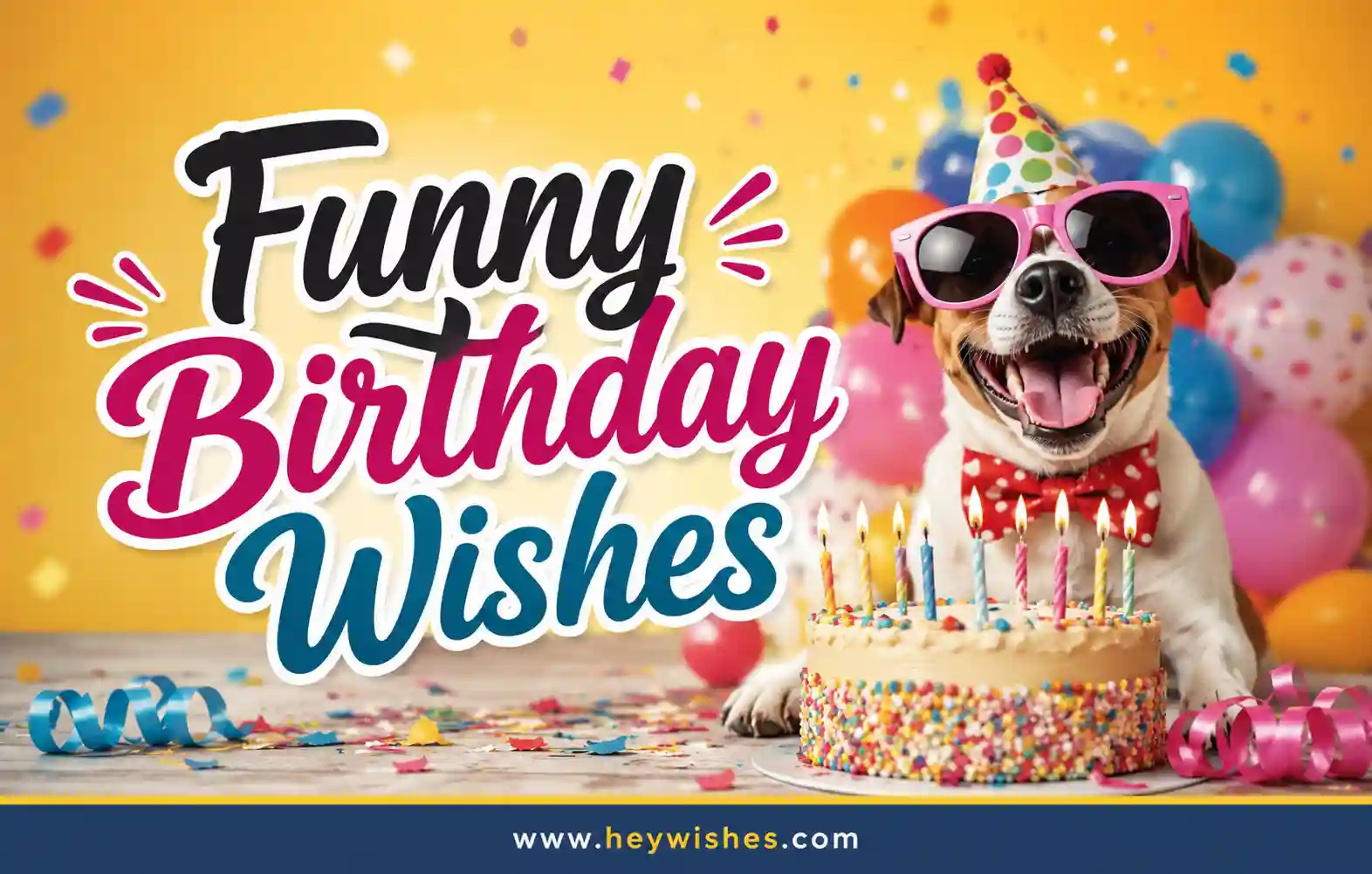 Funny dog in sunglasses with birthday cake, balloons, and colorful confetti beside stylish “Funny Birthday Wishes” text.