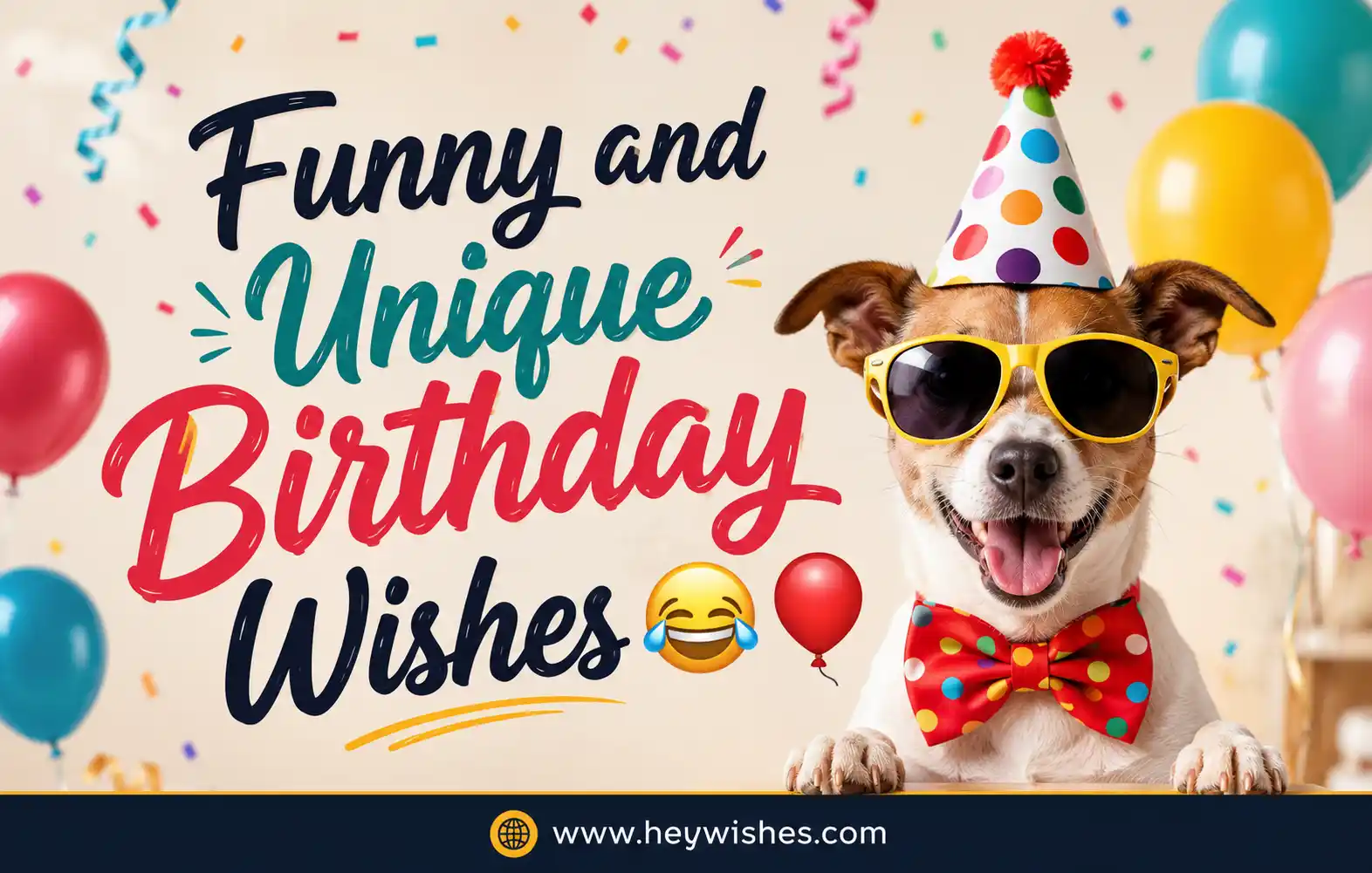 Funny and Unique Birthday Wishes graphic with cute party dog, colorful balloons, confetti, and playful birthday typography.