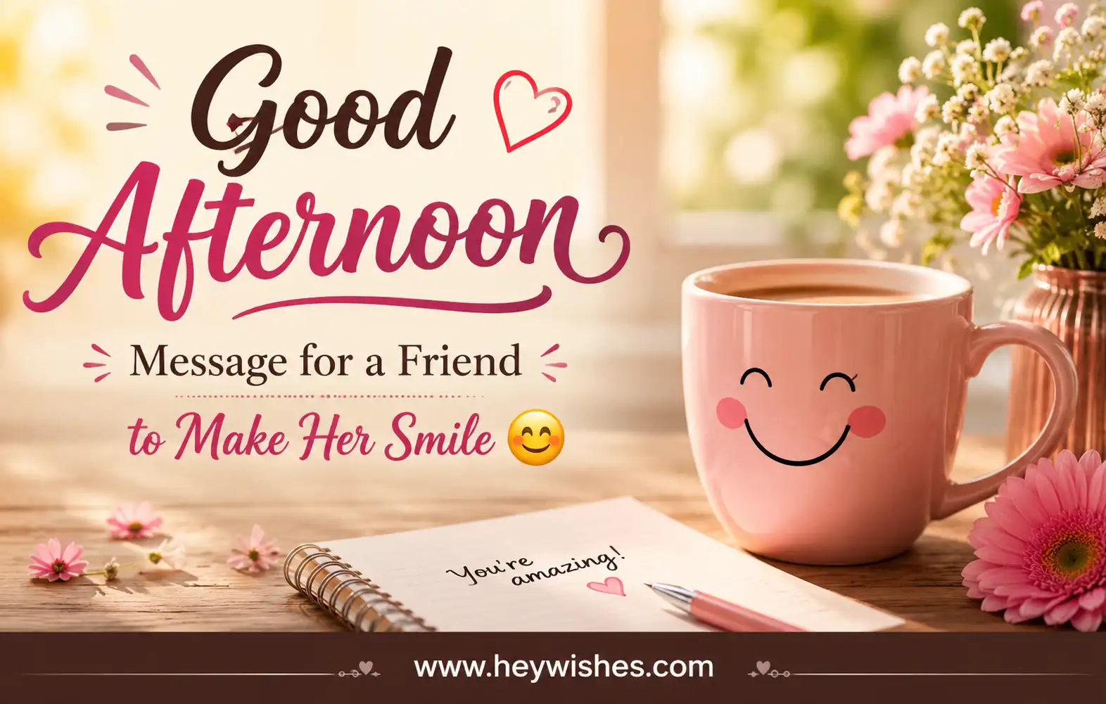 Warm good afternoon message banner with smiling coffee mug, flowers, and cheerful friendship vibes for making her smile.