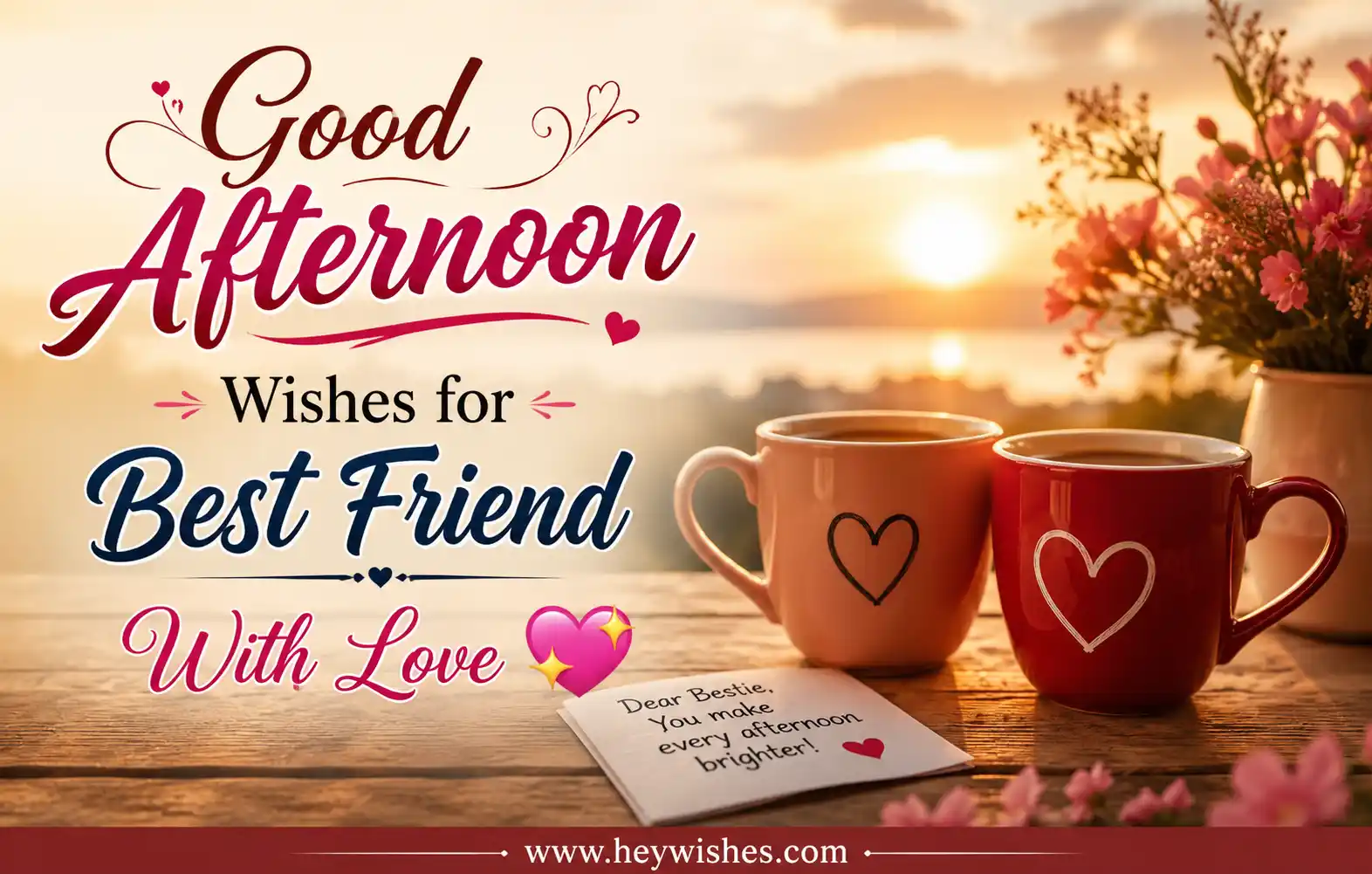 Good afternoon wishes card for best friend with love, featuring cozy coffee mugs, flowers, warm sunset background, and stylish romantic typography.