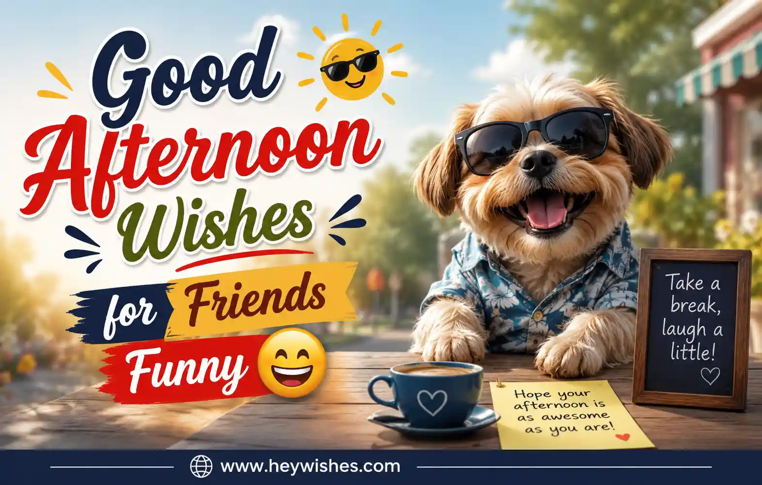 Funny good afternoon wishes for friends with cute dog in sunglasses, coffee vibes, cheerful typography, and playful sunny background.