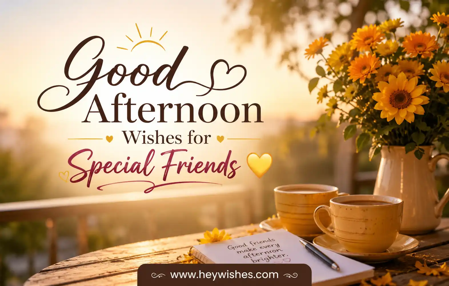Good afternoon wishes graphic with sunflowers, coffee cups, warm sunlight, and stylish text for special friends.