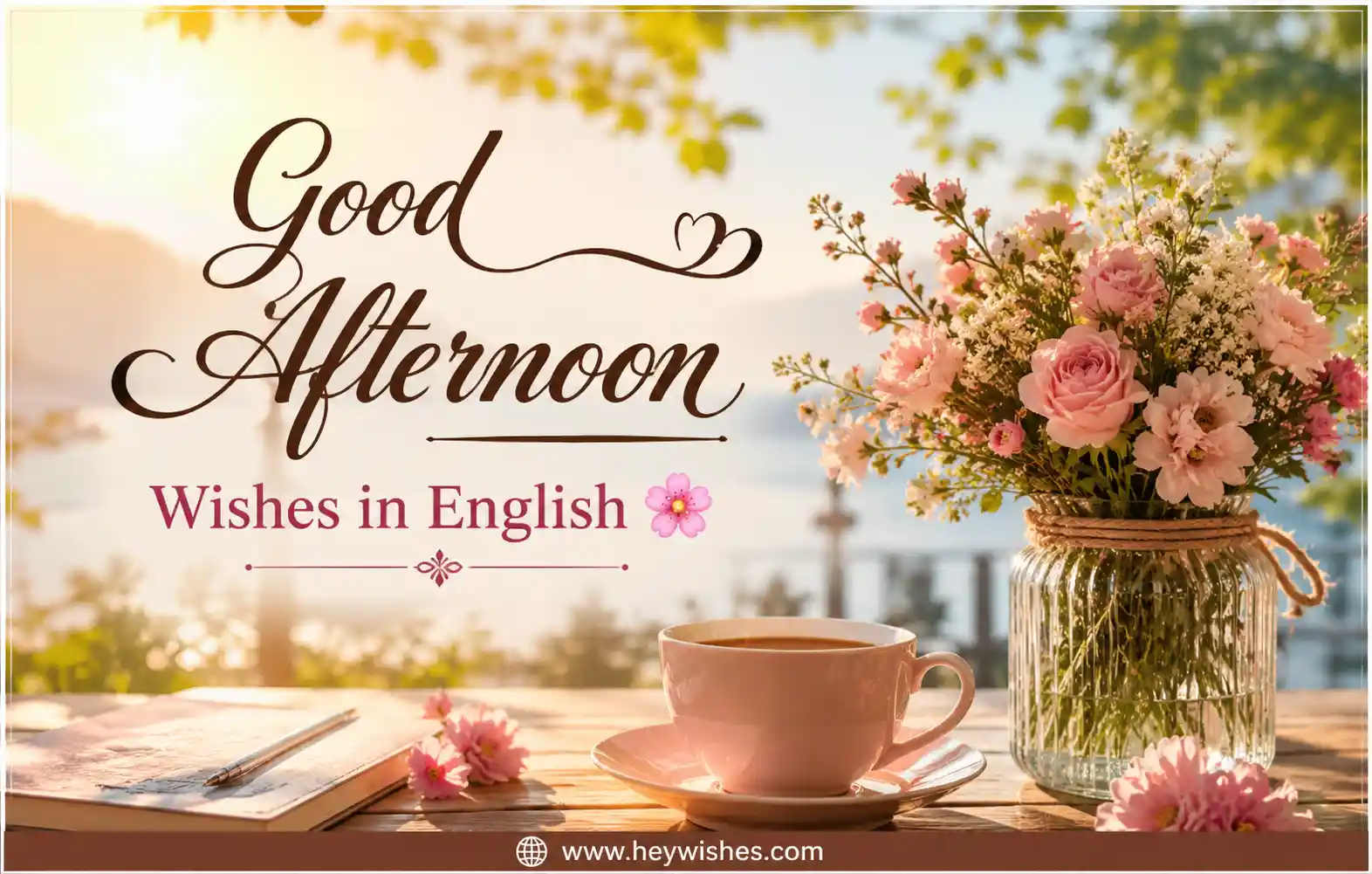 Good Afternoon Wishes in English 🌸 with elegant floral design, cozy tea setup, and warm sunlight background featuring heywishes.com branding.