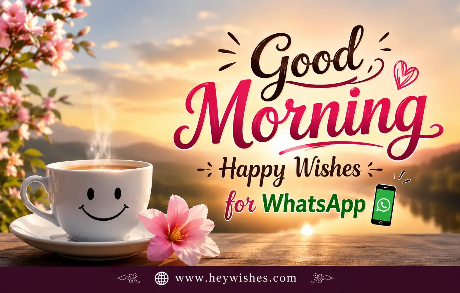 Good morning greeting image with sunrise, smiling coffee cup, flowers, WhatsApp icon, and HeyWishes website footer.