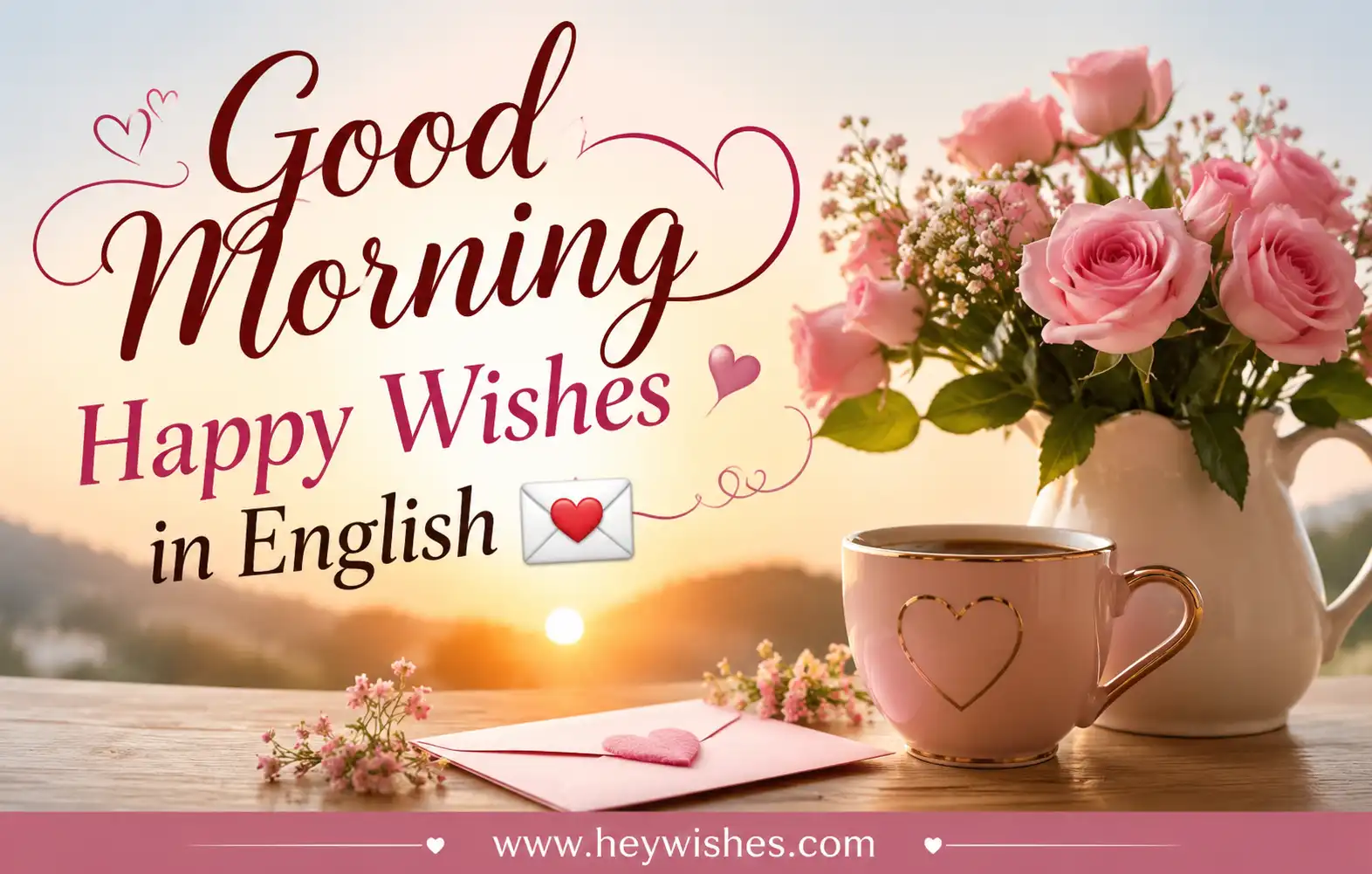 Romantic good morning greeting image with stylish text “Good Morning Happy Wishes in English 💌”, sunrise, roses, coffee cup, and HeyWishes footer.