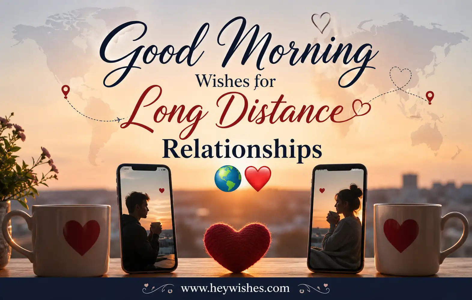 Romantic good morning image for long-distance couples with phones, heart mugs, sunrise background, and world map graphics.