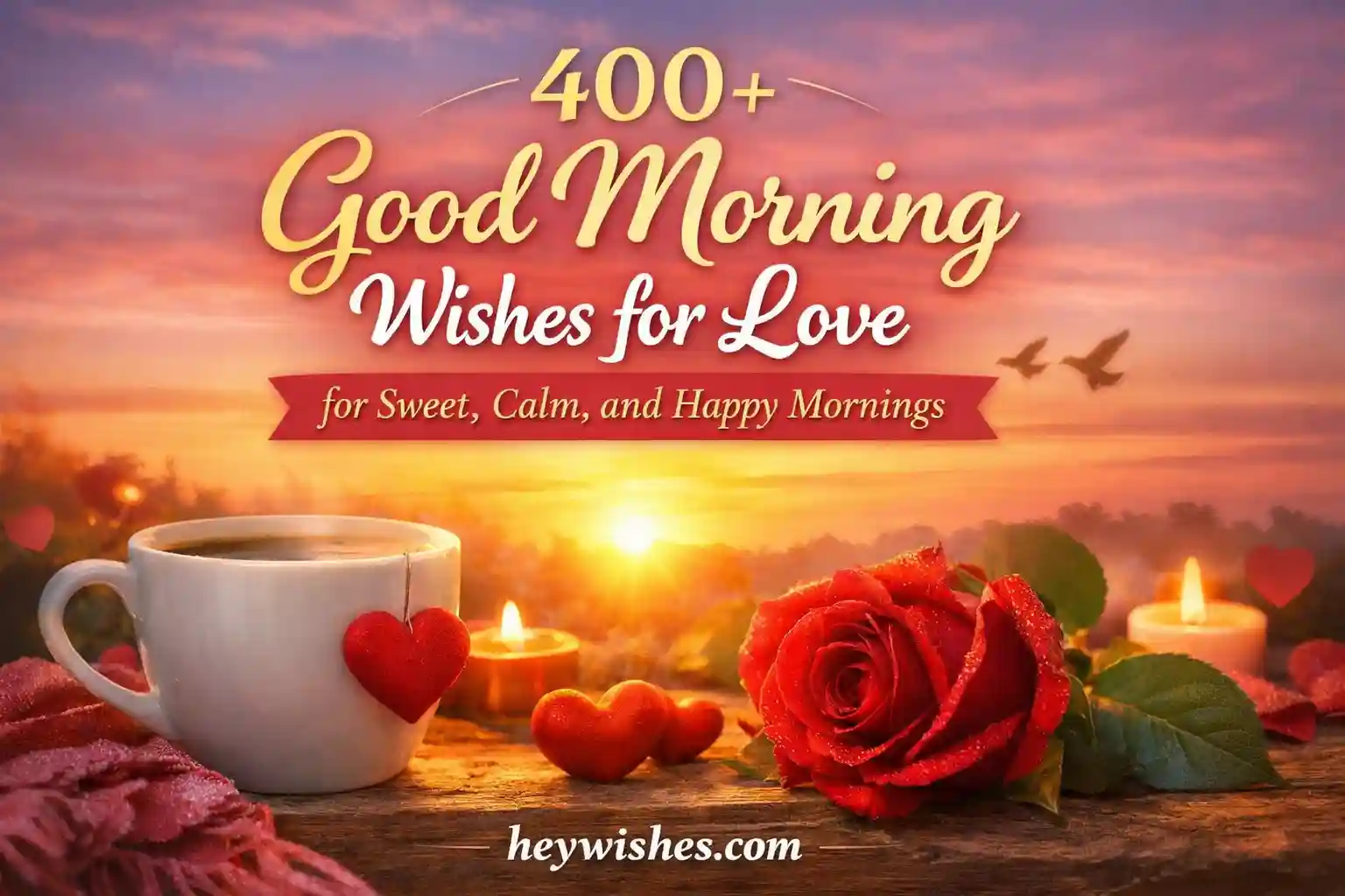 Romantic sunrise feature image with coffee cup, red rose, and headline “400+ Good Morning Wishes for Love” for sweet, calm, happy mornings, heywishes.com