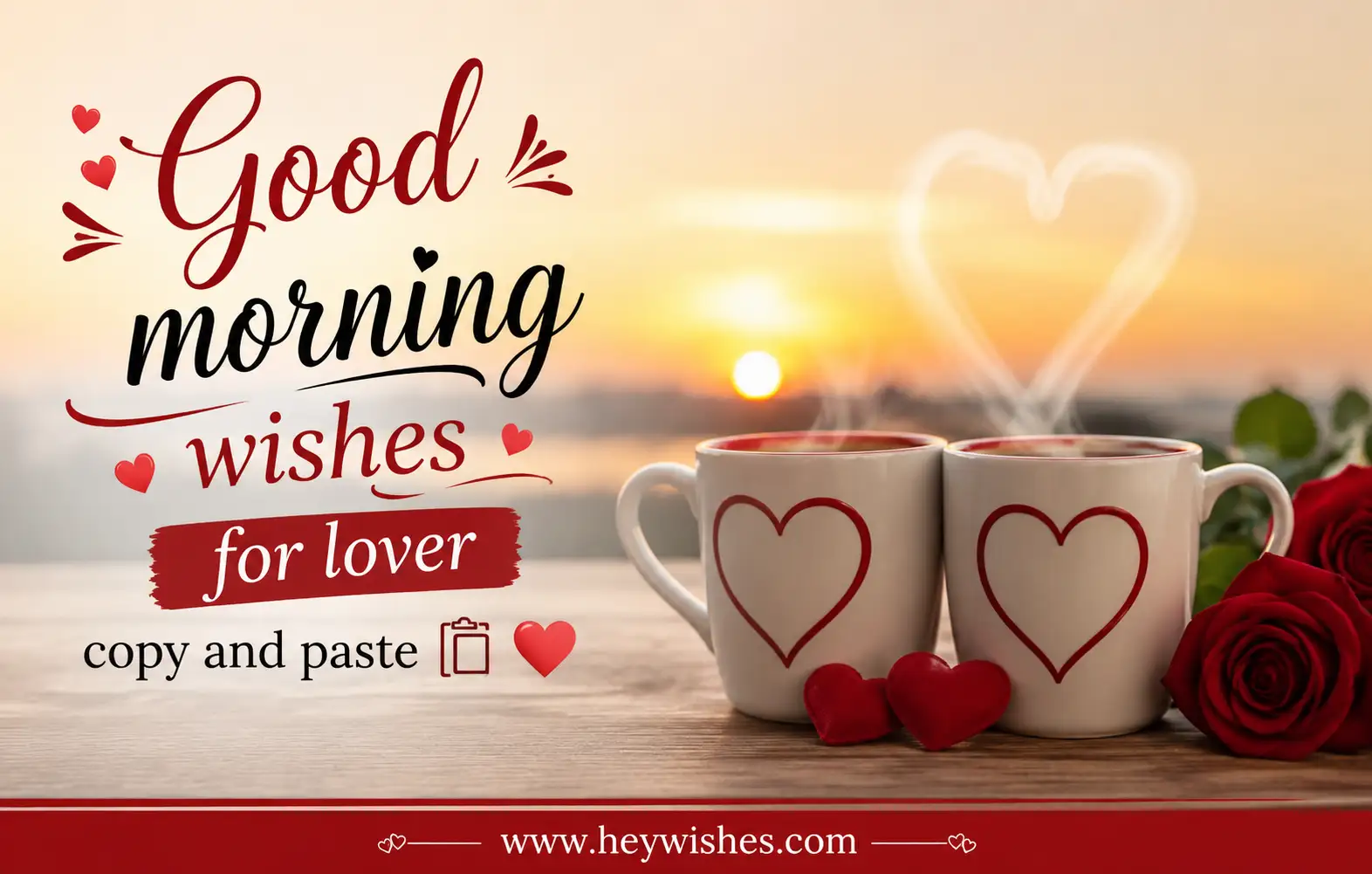 Romantic good morning image with heart mugs, roses, sunrise background, and copy-paste wishes for lovers.