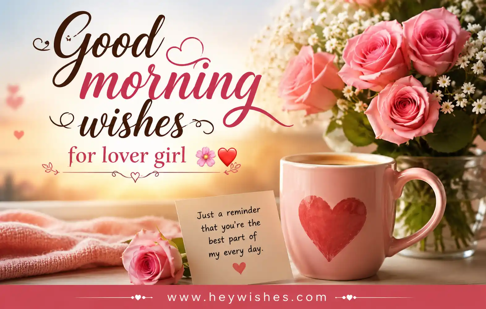 Romantic good morning wishes image with pink roses, heart mug, sunrise background, and sweet message for lover girl.