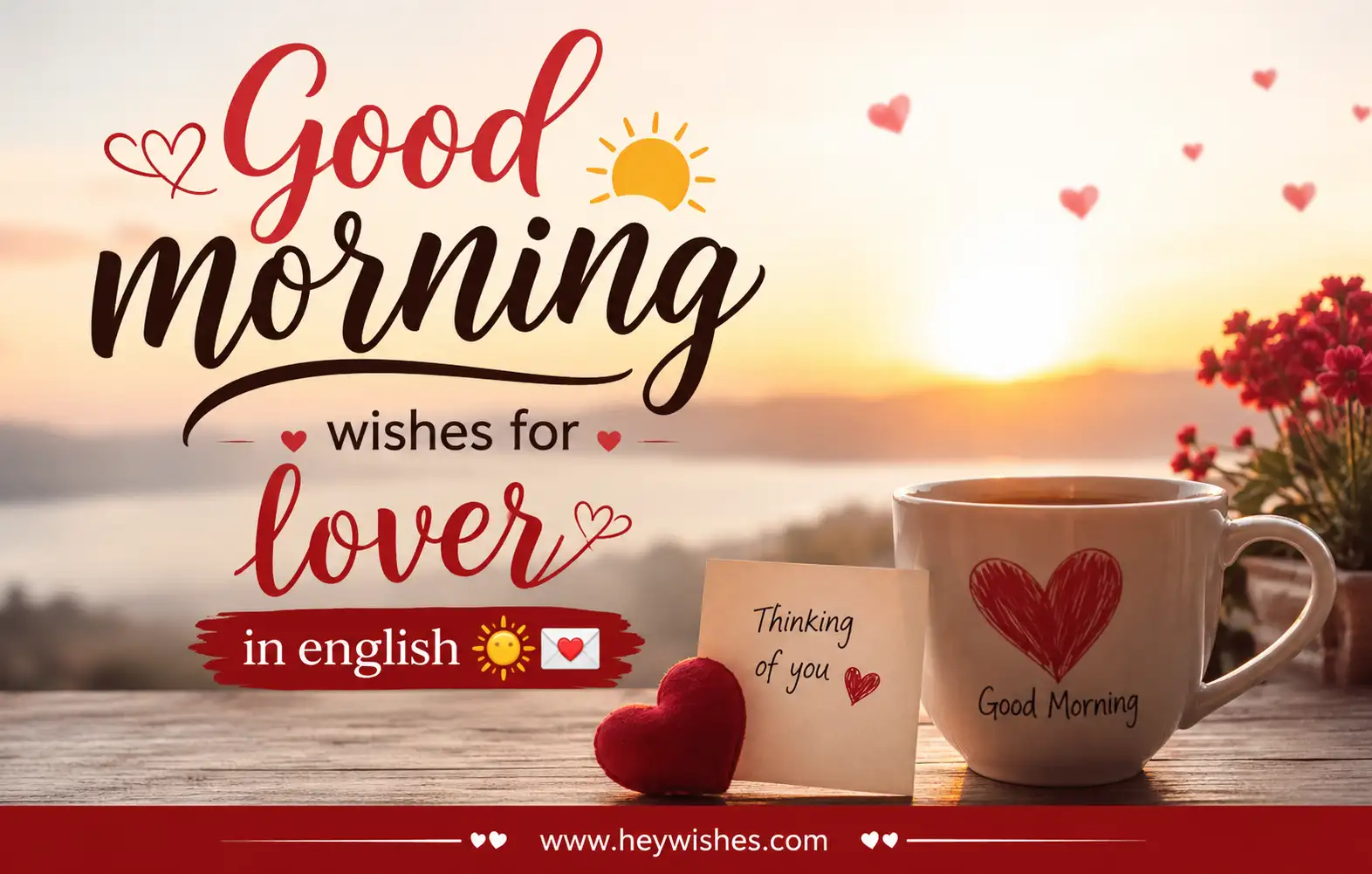 Romantic good morning wishes image with sunrise, coffee mug, hearts, and love note for lovers in English.