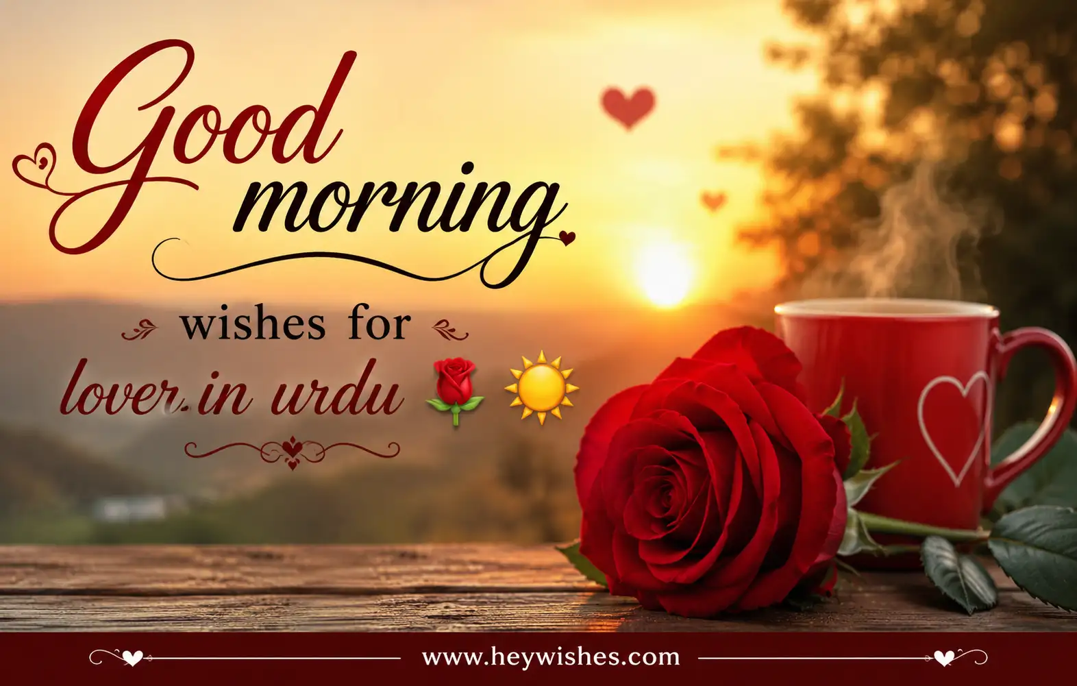 Romantic good morning Urdu wishes image with red rose, coffee mug, and sunrise background for lovers.