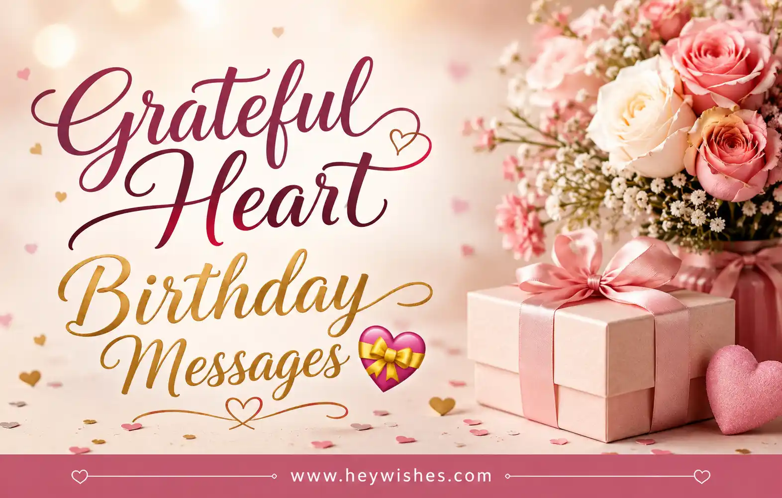 Elegant birthday card with roses, gift box, hearts, and stylish text reading “Grateful Heart Birthday Messages 💝” with HeyWishes branding.