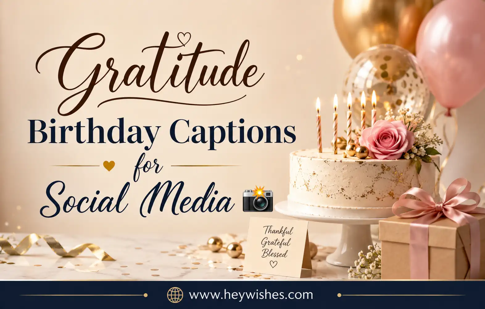 Elegant birthday-themed graphic with cake, balloons, gift box, and stylish text “Gratitude Birthday Captions for Social Media” on a warm background.