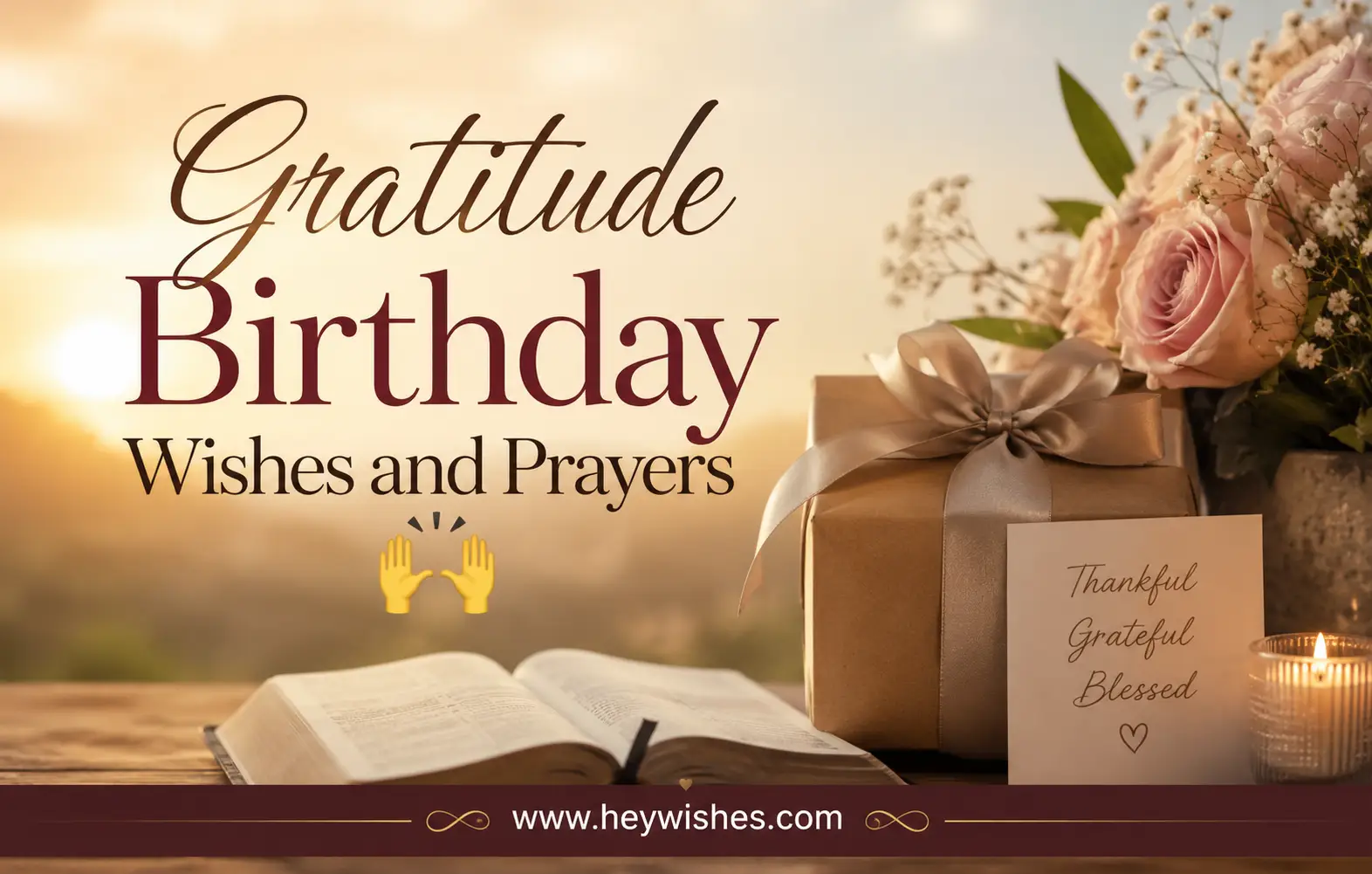 Gratitude Birthday Wishes and Prayers image with flowers, gift box, Bible, candle, warm sunset background, and heywishes.com footer.