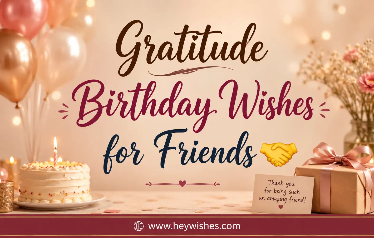 Gratitude birthday wishes for friends banner with cake, balloons, gift box, flowers, warm lights, handshake emoji, and HeyWishes branding.
