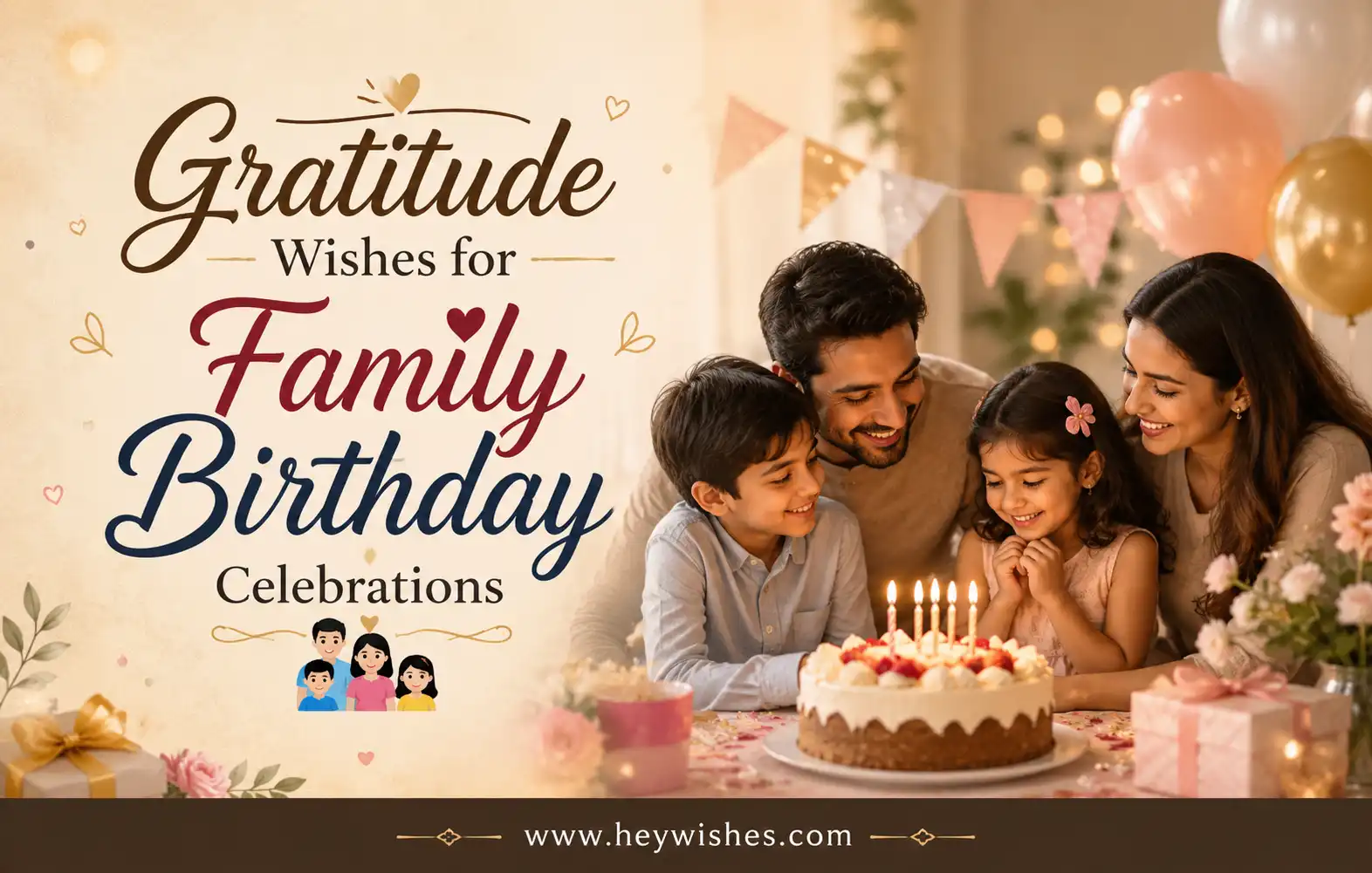 Happy family gathered around a birthday cake, celebrating with gratitude, balloons, gifts, and warm birthday wishes.