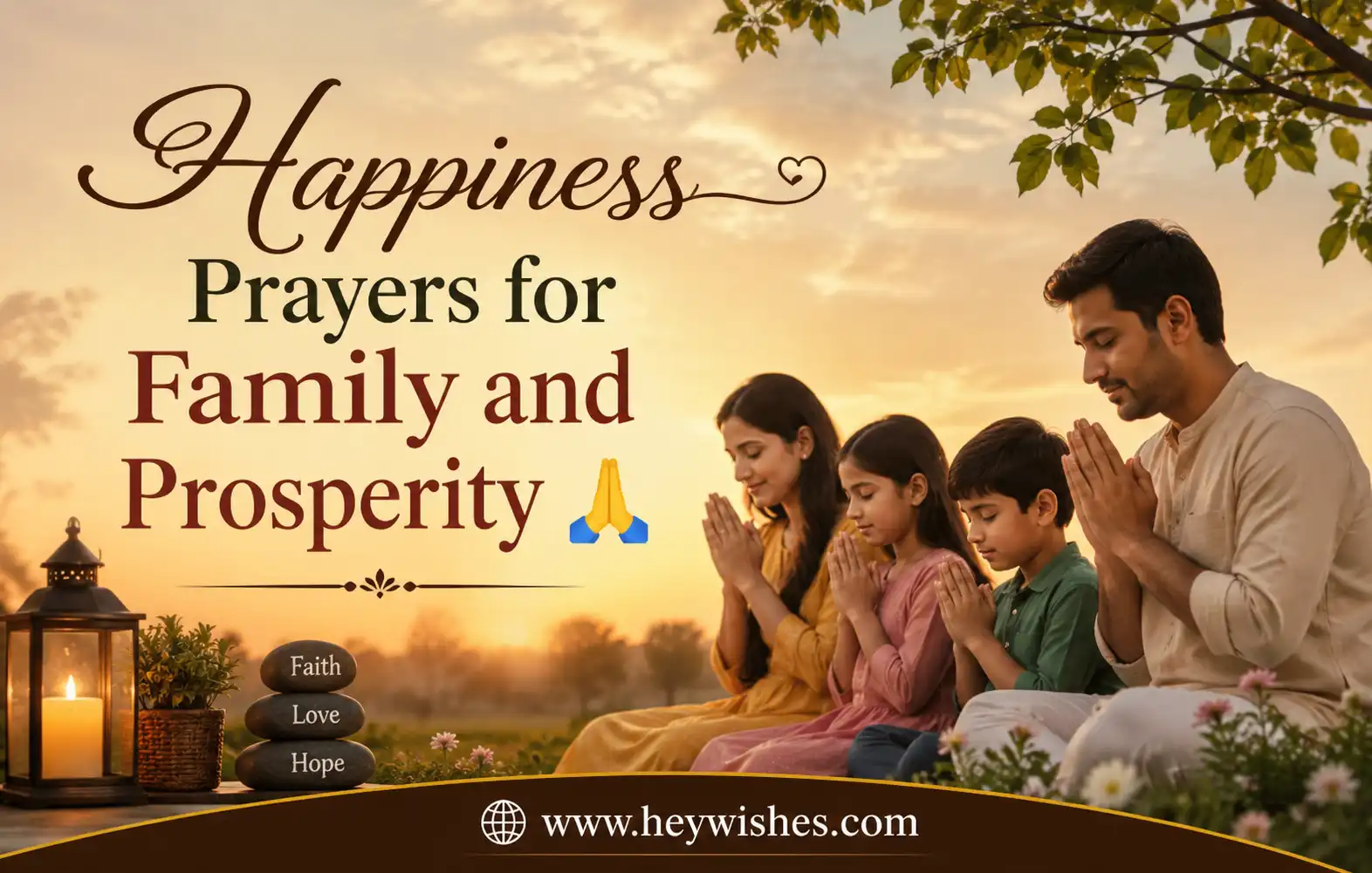 Family praying together at sunrise with stylish “Happiness Prayers for Family and Prosperity” text and heywishes.com footer.  give me alt text under 150 charac