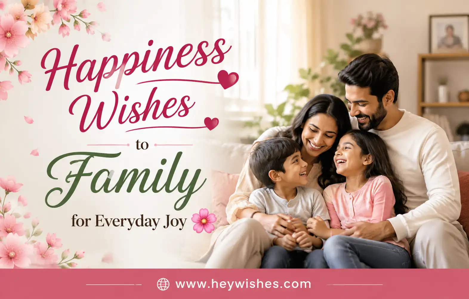 Happy family sharing joyful moments at home with floral accents, stylish “Happiness Wishes to Family for Everyday Joy 🌸” text and website footer.