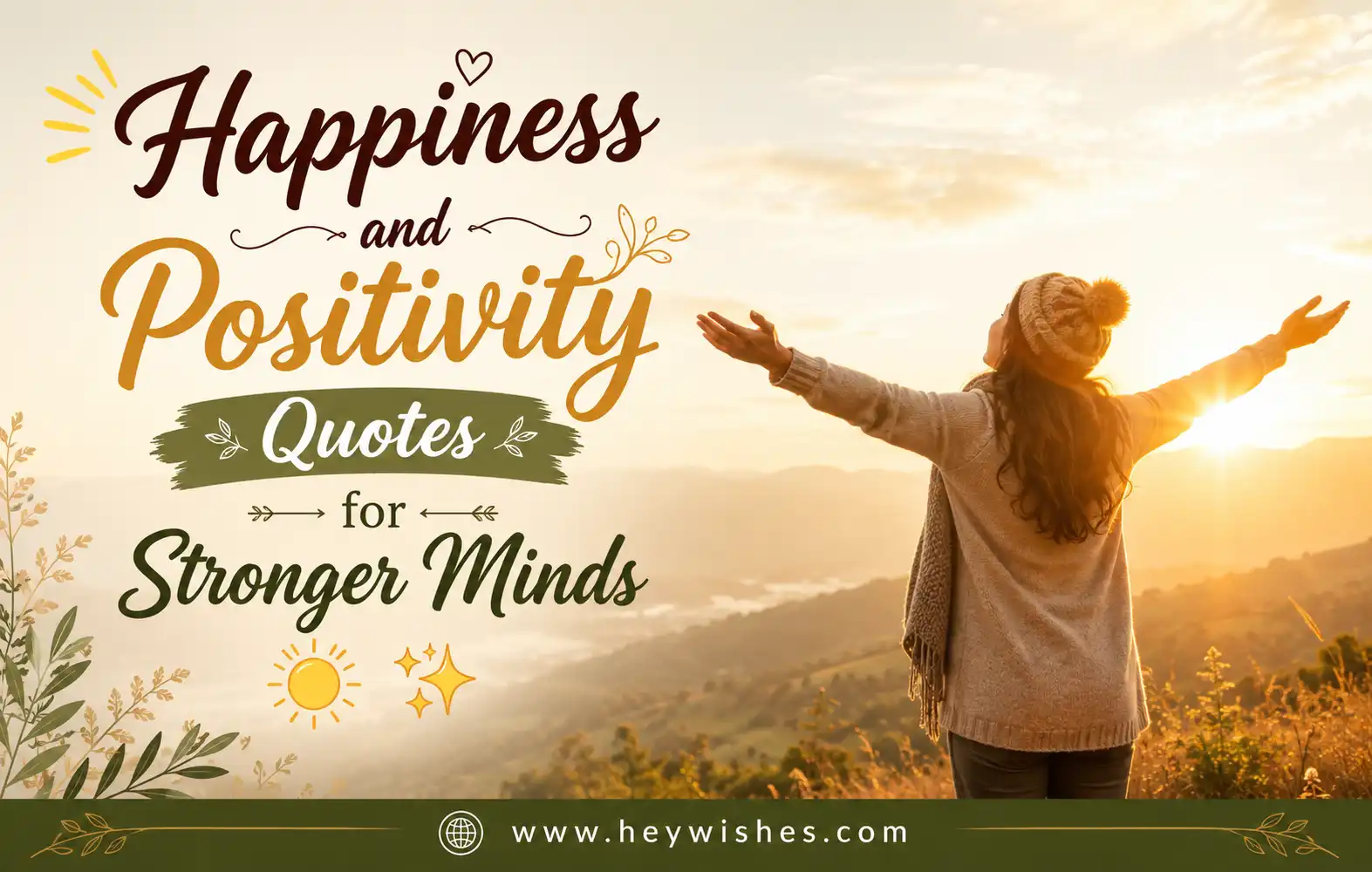 Inspirational sunrise poster with stylish typography, joyful woman, and positivity quotes for stronger minds with warm uplifting vibes.