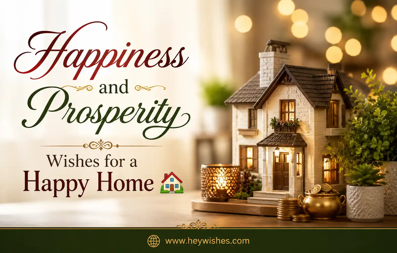 Elegant greeting card with stylish text “Happiness and Prosperity Wishes for a Happy Home,” cozy house, golden lights, and heywishes.com footer.