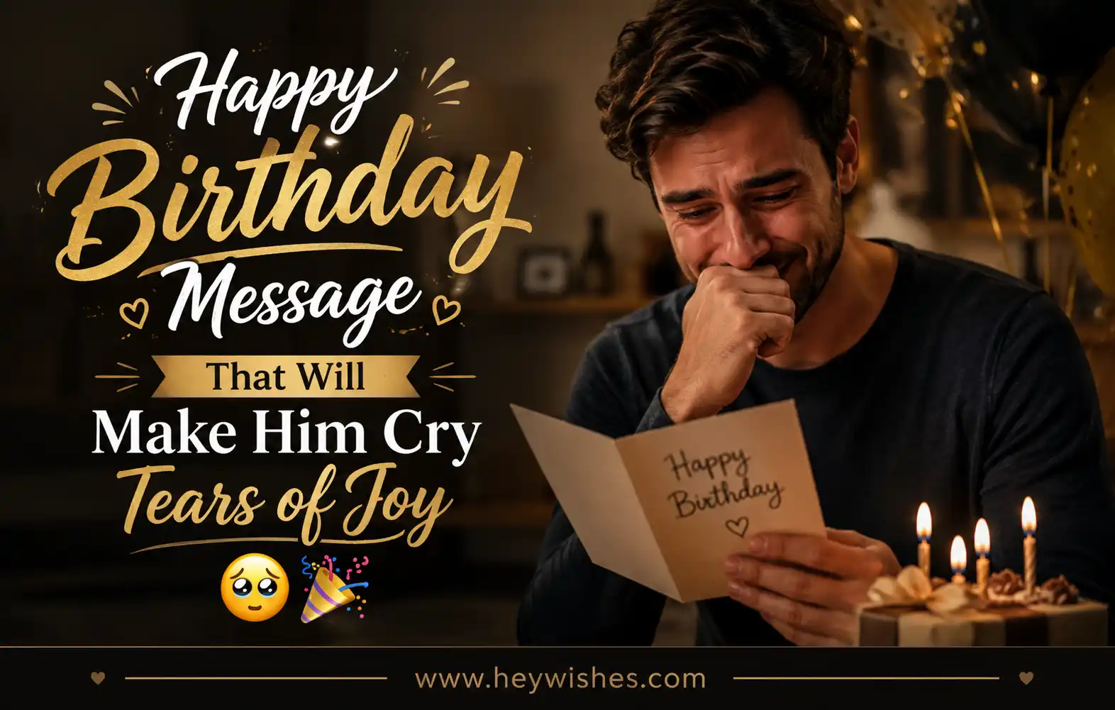 Emotional birthday message image with teary-eyed man reading a heartfelt card beside cake and balloons in warm celebration setting.