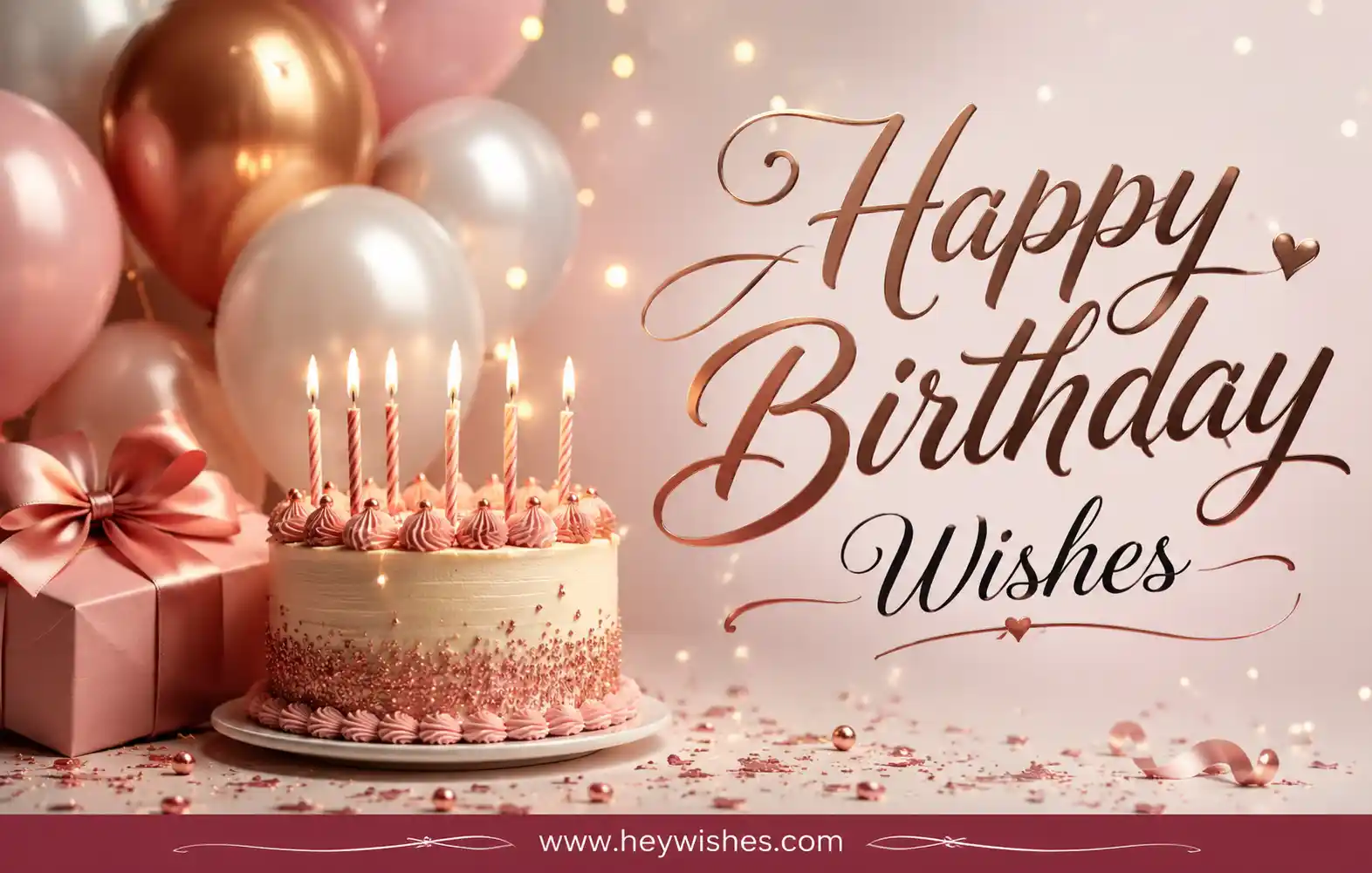 Elegant birthday card with cake, balloons, gift box, and stylish “Happy Birthday Wishes” text on a soft pink festive background.