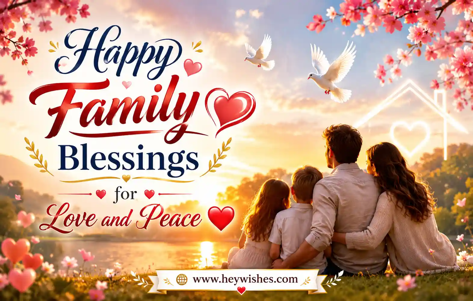 Happy Family Blessings for Love and Peace ❤️ – Warm sunset scene with loving family, elegant typography, and peaceful, heartwarming background.