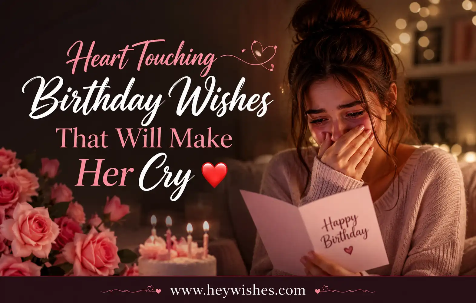 Emotional birthday image with heartfelt wishes text, crying woman holding a birthday card, roses, candles, and warm romantic lighting.