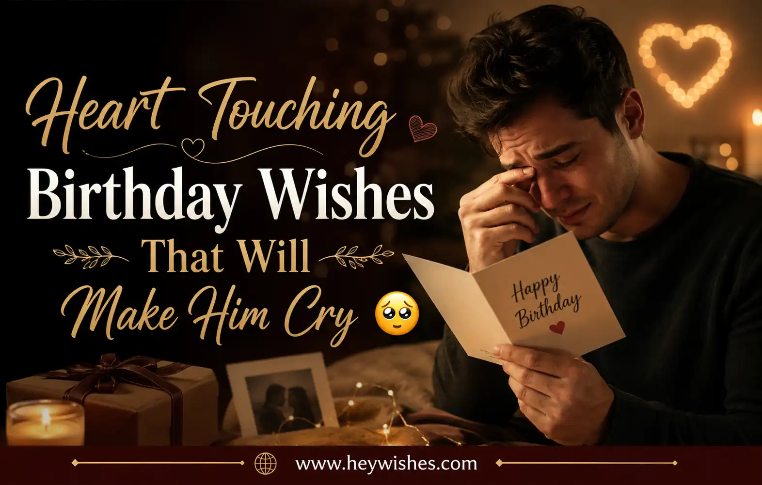 Emotional man reading birthday card with tears, warm cozy lights, stylish typography, and romantic birthday background design.