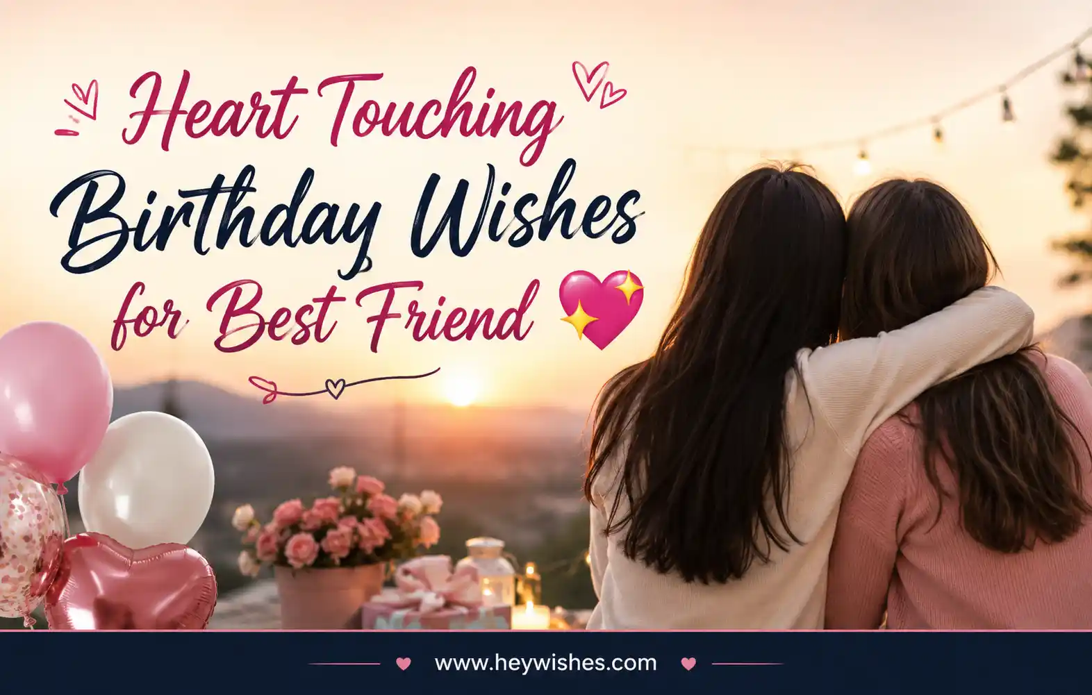 Two best friends hugging at sunset with balloons and stylish text reading Heart Touching Birthday Wishes for Best Friend 💖.