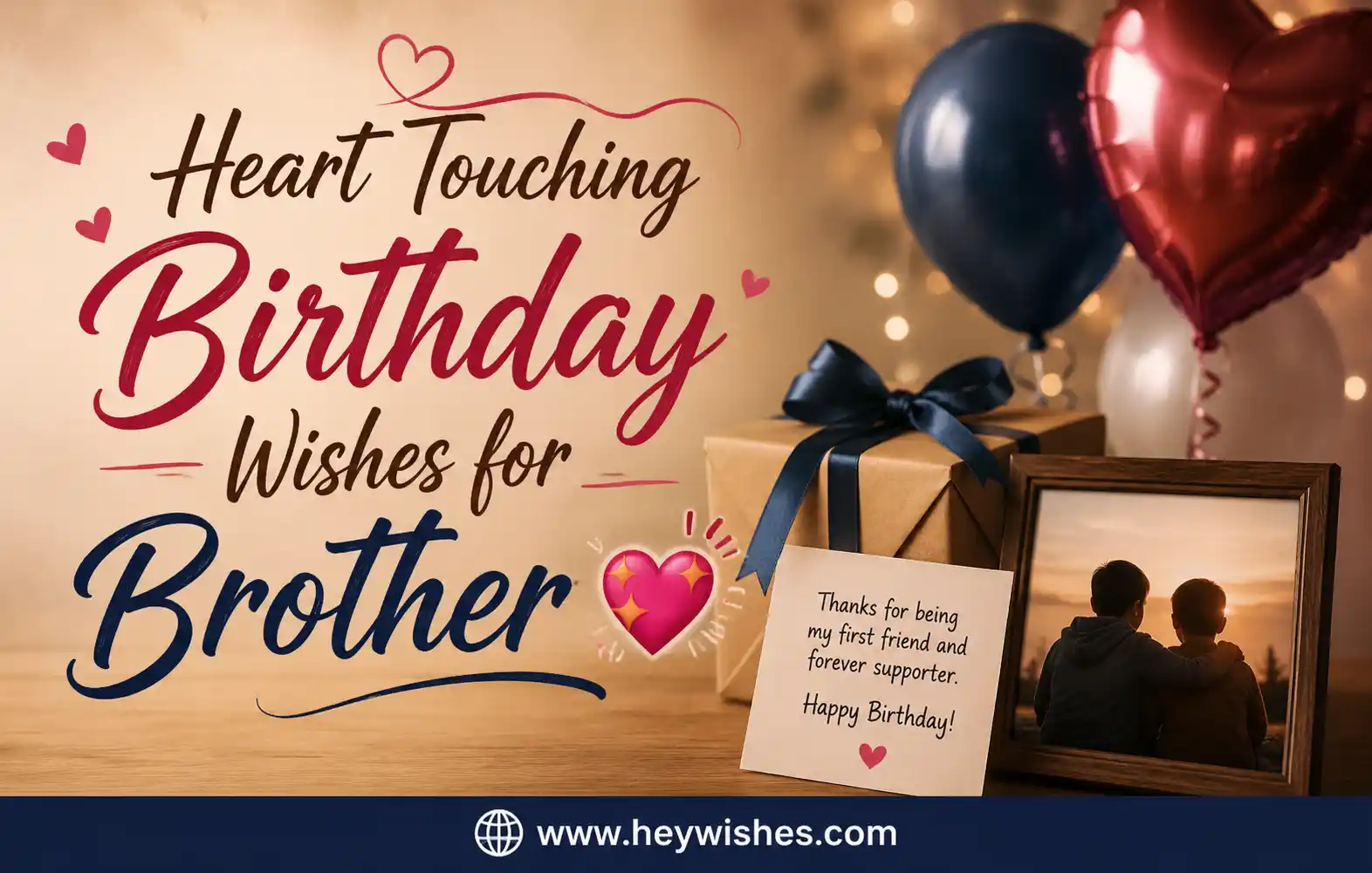 Heart touching birthday wishes for brother graphic with balloons, gift box, and warm family-themed background design.
