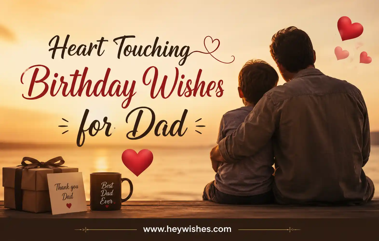 Heart touching birthday wishes for dad image with father and child silhouette at sunset, heartfelt typography, and warm emotional design.