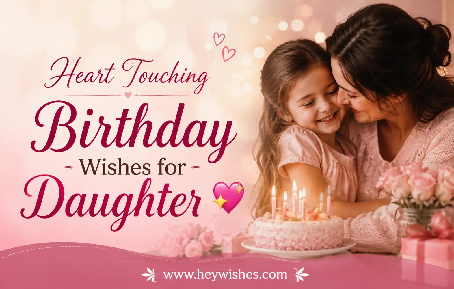 Heart touching birthday wishes for daughter banner with loving mother-daughter moment, pink floral birthday theme and elegant typography.