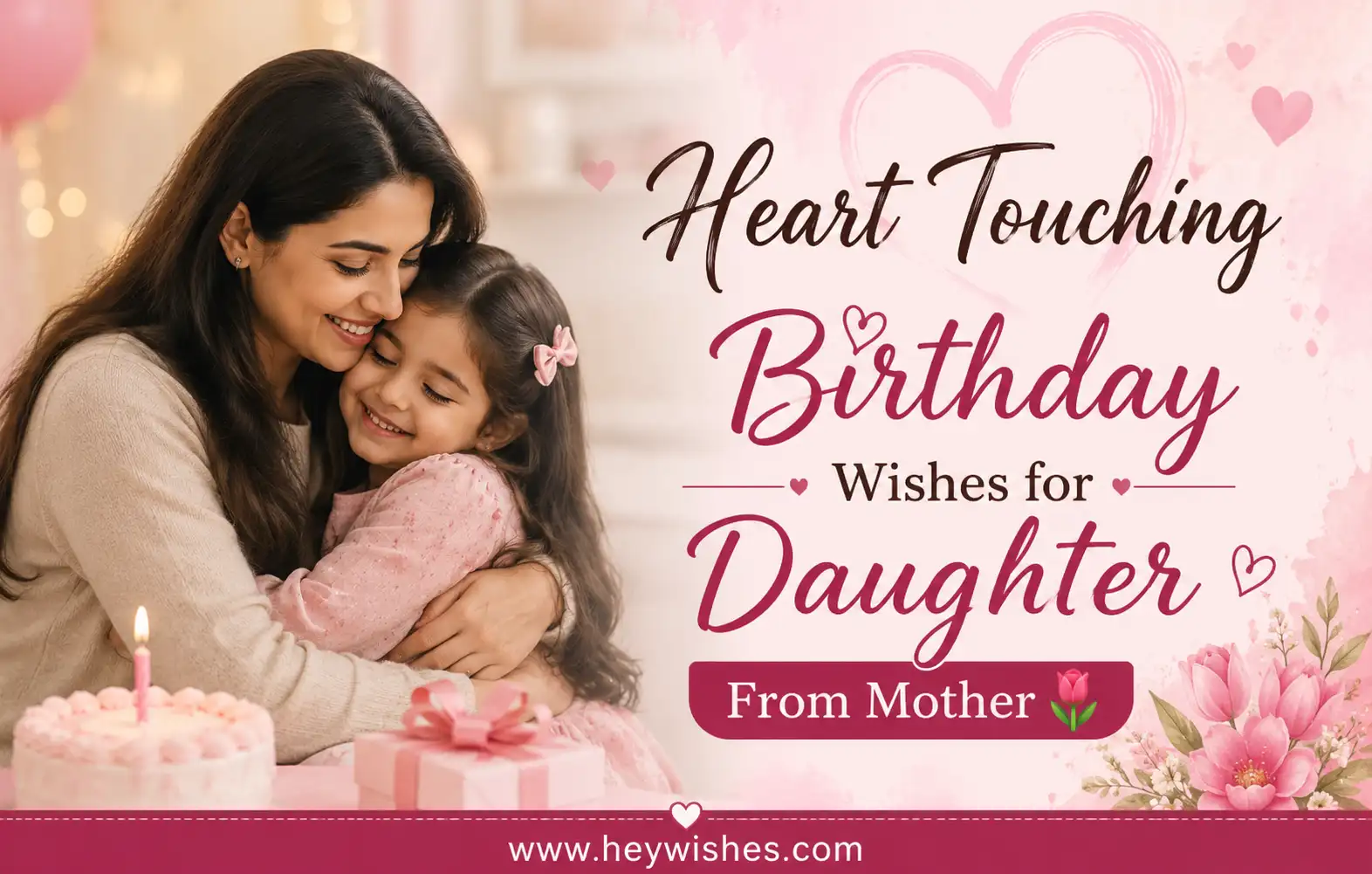 Heart-touching birthday wishes for daughter from mother with loving floral birthday design and emotional mother-daughter moment.